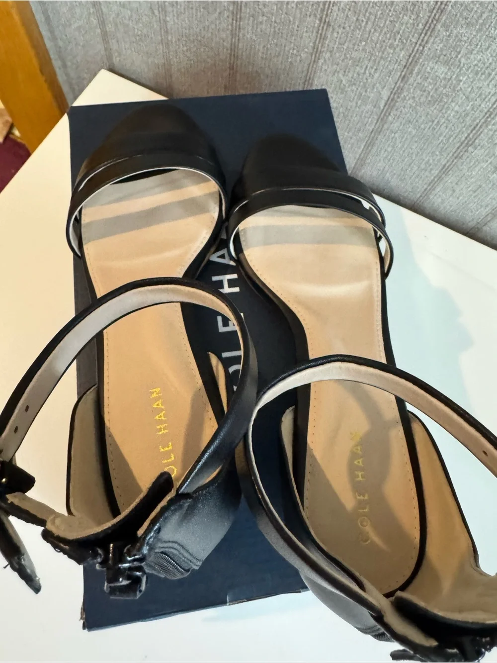 Size 7 Cole Haan Abriella Leather Wedge Sandals, W19578 Black